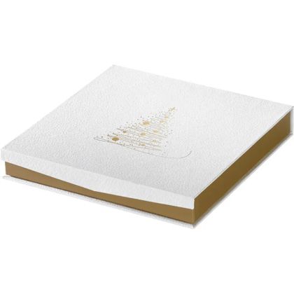 Cutie carton patrata pentru bomboane de ciocolata 6 randuri cu inchidere magnetica GOLDEN SPARKLES textura alb/auriu imprimare la cald, 22,1 x 22,1 x 3,3 cm, PC300GW