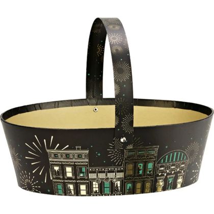 Coș oval din carton FESTIVE CITIES, ștanțare la cald negru/auriu, 25,0 x 19,0 x 8,0 cm, BF532