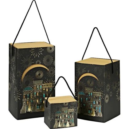 Cutie de carton cu capac FESTIVE CITY negru/verde/auriu, ștanțare la cald, 12,5 x 11,0 x 11,0 cm, CP322S