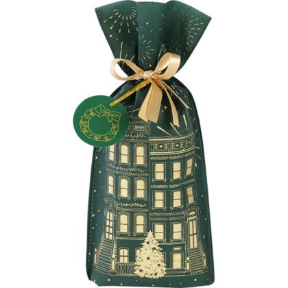 Geantă din polipropilenă FESTIVE CITY auriu/verde, panglică de satin auriu cu etichetă, 16,0 x 36,5 cm, SC103-1B