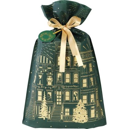 Geantă din polipropilenă FESTIVE CITY auriu/verde, panglică de satin auriu cu etichetă, 33,0 x 55,0 cm, SC103P