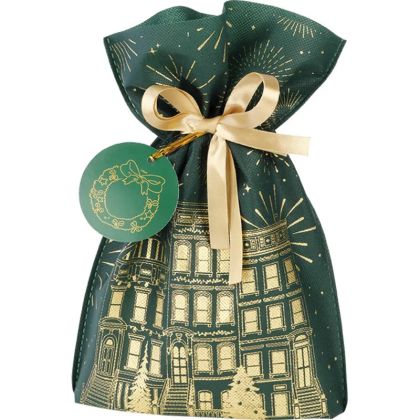 Geantă din polipropilenă FESTIVE CITY auriu/verde, panglică de satin auriu cu etichetă, 20,0 x 30,0 cm, SC103S