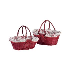 Basket Wicker/Wood Oval Red White fabric/Red Snowflakes Folding handles  35x27x13 cm, PN098M
