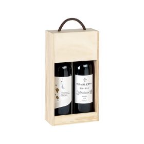 Box Wine Pinewood 2 Bottles Bordeaux half sliding lid with cord handle Int.Dim, 32.3x16.2x7.9 cm, GVBX-2BFN