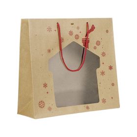 Bag Paper Kraft Red Christmas chalet shape PET Window Red cord handles Eyelet, 35x13x33 cm, SB106G