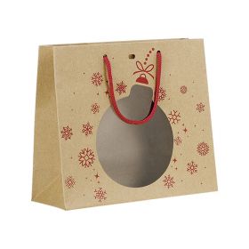 Bag Paper Kraft Red Christmas bauble shape PET Window Red cord handles Eyelet 25x10x22cm, SB105P