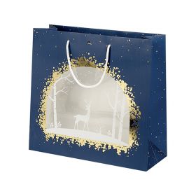 Bag Paper PET Window Blue/White/Gold "Bonnes Fêtes" White cord handles Eyelet  35x13x33cm, SB088G