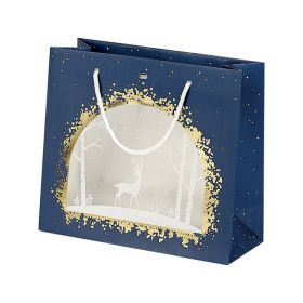 Bag Paper PET Window Blue/White/Gold "Bonnes Fêtes" White cord handles Eyelet 