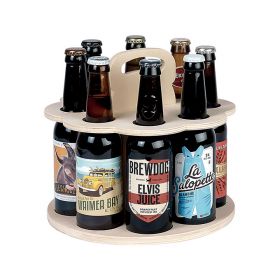 Beer Holder Wood Round with  handle 8 Long Neck D25,5x25,5cm, GB008LN