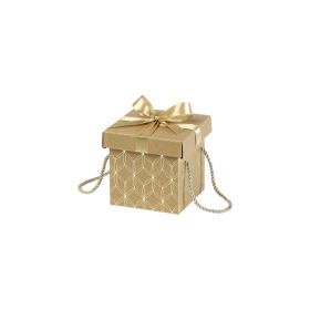 Cutie pătrată din carton Kraft cu panglică din satin auriu și mânere 12,5x12,5x12 cm, CP125SOR