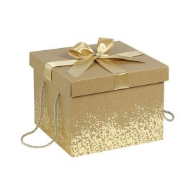 Cutie pătrată din carton Kraft cu panglică din satin auriu și mânere 27x27x20cm, CP115GOR
