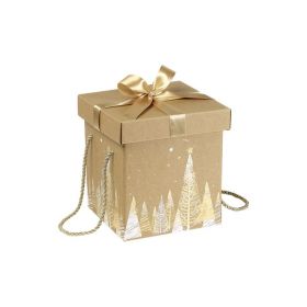 Cutie pătrată din carton Kraft cu panglică din satin auriu și mânere 18,5x18,5x19,5cm, CP100POW