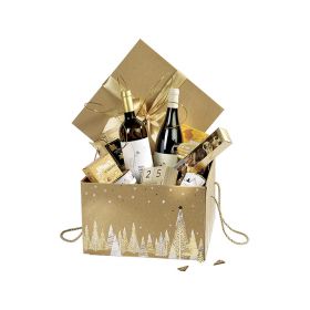 Box Cardboard Square Kraft Christmas trees Gold/White Gold satin bow Golden cord  34x34x20cm, CP100EOW