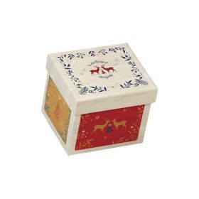 Box Cardboard Square "Bonnes Fêtes" Wood effect/Red/Green/Gold  12,5x11x10cm, BF390S