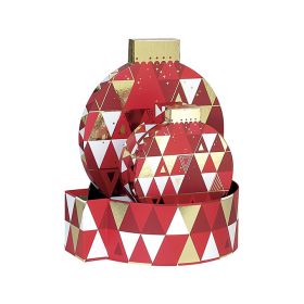 Box Cardboard Christmas bauble shape Red/White/Hot gliding gold Triangles  D33,5/37,8x12cm, BF221M