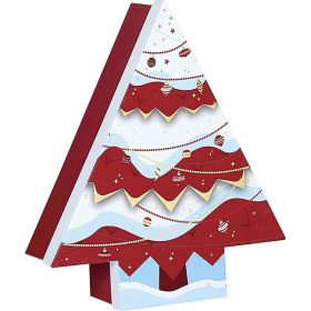 Box Cardboard Christmas tree shape Red/White/Hot gliding gold &quot;Bonnes Fêtes&quot; 36,4x32,4x10,5cm, BF216G