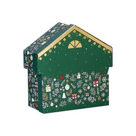 Box Cardboard Chalet shape Green/White/Red/Hot gliding gold "Bonnes Fêtes"  18,7x19,3x7,9cm, BF200S