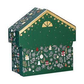 Box Cardboard Chalet shape Green/White/Red/Hot gliding gold &quot;Bonnes Fêtes&quot;  25,6x26,4x10,4cm, BF200P