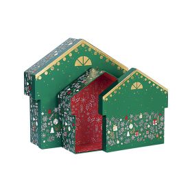 Box Cardboard Chalet shape Green/White/Red/Hot gliding gold "Bonnes Fêtes"  25,6x26,4x10,4cm, BF200P