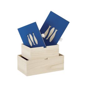 Box rectangular Wood, in  natural/blue color, laser cut - fish, handle 27x15x10cm, B160B