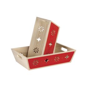 Tray rectangular Wood, in  natural/red color, laser cut, handles 29x19x10cm, B083PR