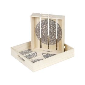 Rectangular wood tray natural/grey mandala design 2 handles 27x22,5x6,2cm, B064PG