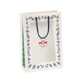 Bag Paper PET Window Wood effect/Red/Green/Gold "Bonnes Fêtes" Blue cord handles Eyelet 20x10x29 cm, SB081S