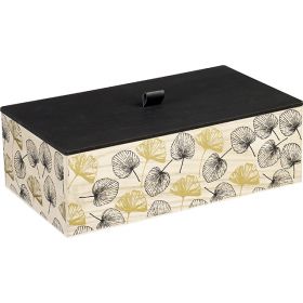 Box Rectangular Wood, in gold / black color, leaf decor 35x21x12,5cm, B120M