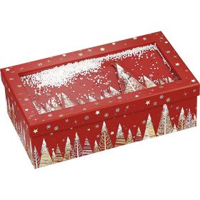 Box Rectangular Cardboard, red / white / hot gilding gold Snow decor / Happy Holidays 33x21x12cm, BF382M