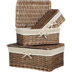 Rectangular split willow and wood hamper / brown and cream with fabric lining, 32x21x12 cm, J154M