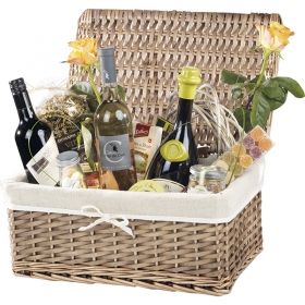 Rectangular split willow and wood hamper / brown and cream with fabric lining, 32x21x12 cm, J154M