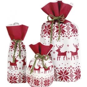 Non woven polypropylene gift bag red/white reindeer design with green drawstrings and gifttag, 20x30 cm, SC040S