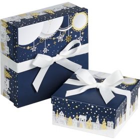 Box cardboard square blue / white / hot foil "Bonnes Fêtes" ribbon bow white, 21x21x9 cm, BF376S