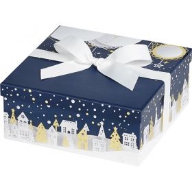 Box cardboard square blue / white / hot foil "Bonnes Fêtes" ribbon bow white, 21x21x9 cm, BF376S