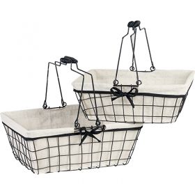 Basket rectangular metal black/lin fabric black edge Foldable handles 35x25x13 cm, F231RM