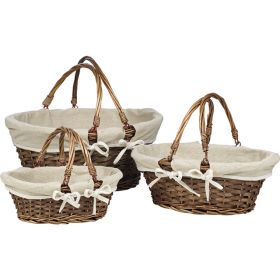 Basket oval wicker/wood foldable handles brown cream fabric lining 35x27x13cm, PN054M