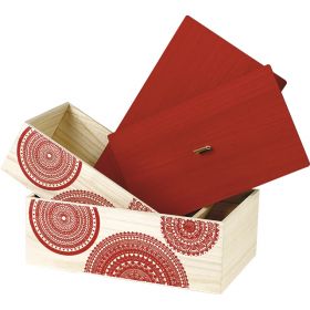 Cutie dreptunghiulară, din lemn cu colțuri rotunjite, decor mandala rosie  32.5x18x10.5cm, B067PR