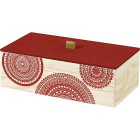 Cutie dreptunghiulară, din lemn cu colțuri rotunjite, decor mandala rosie  32.5x18x10.5cm, B067PR