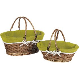 Basket wicker/wood oval brown green fabric/white edge wicker handles, 35x27x13cm, PN076M