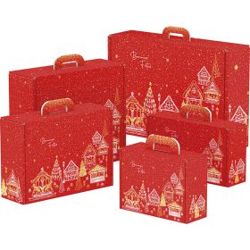 Suitcase cardboard rectangular "Bonnes Fêtes", chalets/red/white/gold, 25x18.5x9.5 cm, CV040S