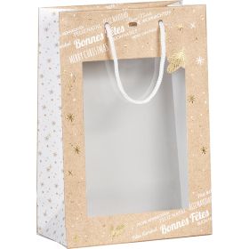 Bag paper Bonnes fêtes kraft/white/gold hot foil stamping PET window white cord handles eyelet, 20x10x29 cm, SB291S