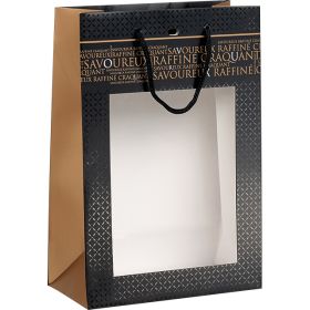 Bag paper "Savoureux" black/copper PET window handles rope eyelet, 20x10x29 cm, SB312S