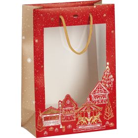 Bag paper "Bonnes Fêtes" red/gold hot foil stamping PET window gold cord handles eyelet, 20x10x29 cm, SB341S
