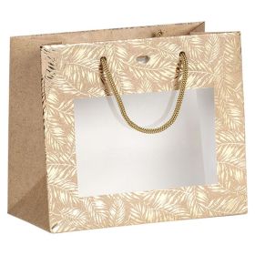 Bag paper kraft/gold hot foil stamping PET window gold cord handles eyelet, 20x10x17 cm, SB470XS