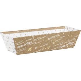 Tray cardboard rectangular kraft/white/gold hot foil stamping "Bonnes Fêtes", 24x10x6 cm, BF426LXS