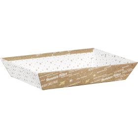 Tray cardboard rectangular kraft/white/gold hot foil stamping "Bonnes Fêtes", 27x20x5 cm, BF423P
