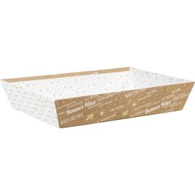 Tray cardboard rectangular kraft/white/gold hot foil stamping "Bonnes Fêtes", 36x27x7 cm, BF425G