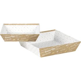 Tavă din carton pătrată, ștanțare cu folie la cald "Bonnes Fêtes" kraft/alb/auriu, 20x20x5 cm, BF427CS