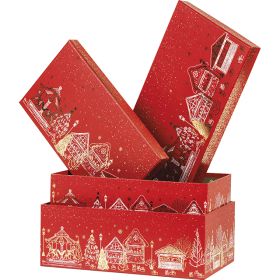 Box cardboard rectangular red/gold hot foil stamping "Bonnes Fêtes", 31.5x18x10 cm, BF440P