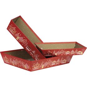 Tavă din carton dreptunghiulară, ștanțare cu folie la cald "Bonnes Fêtes" rosu/alb/auriu, 36x27x7 cm, BF445G